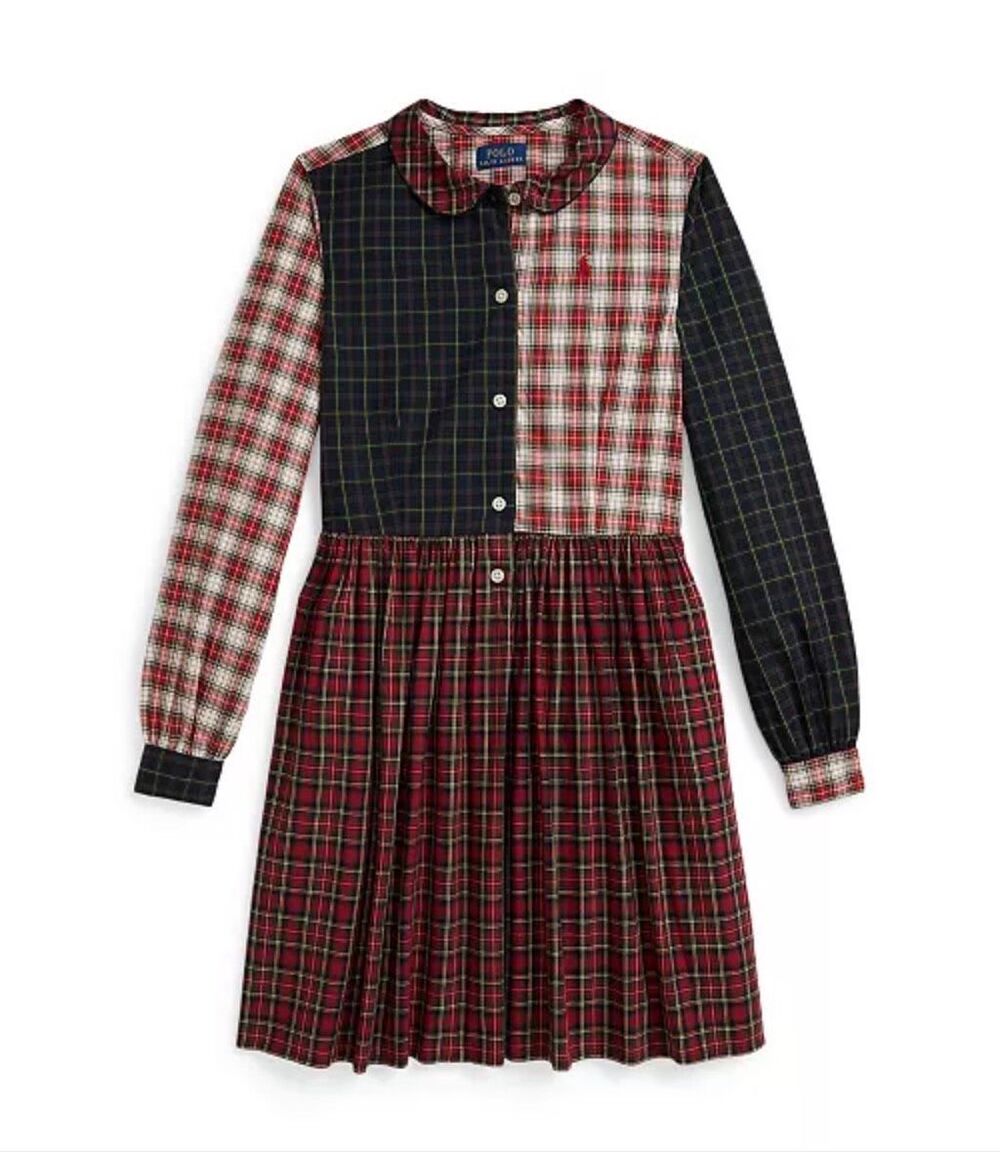Polo Ralph Lauren Cotton Poplin Holiday Long-Sleeve Plaid Shirt Dress Multicolor
